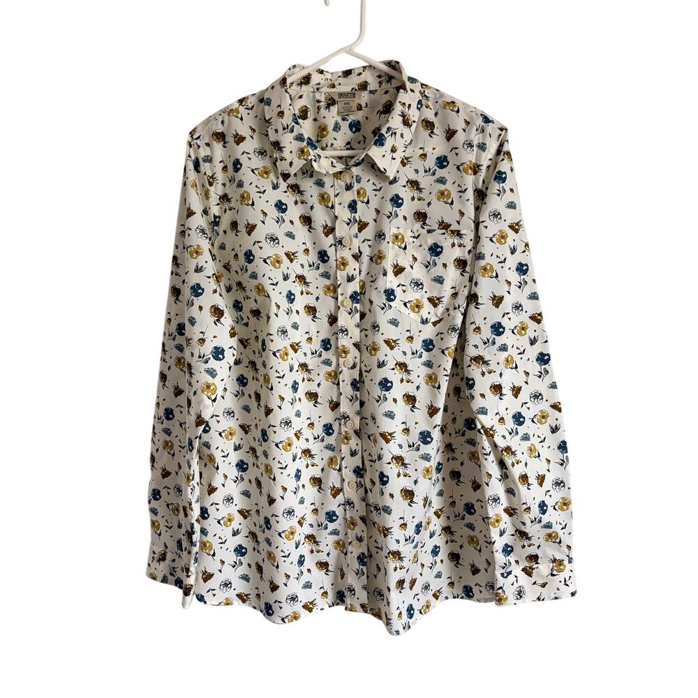 Duluth Trading Co Button Up Shirt Collared Cream Blue Floral XXL Cottagecore
